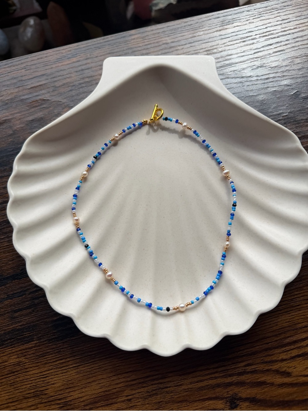 One of a Kind Handmade Blue Beaded Freshwater Pearl Necklace